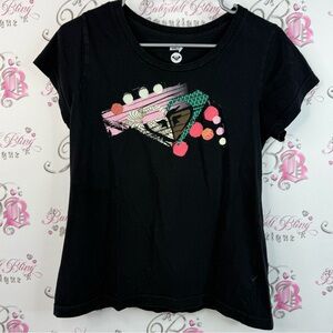 Roxy T-shirt Y2K beach surf polka dot pink blue Black Tee with Colorful Graphic